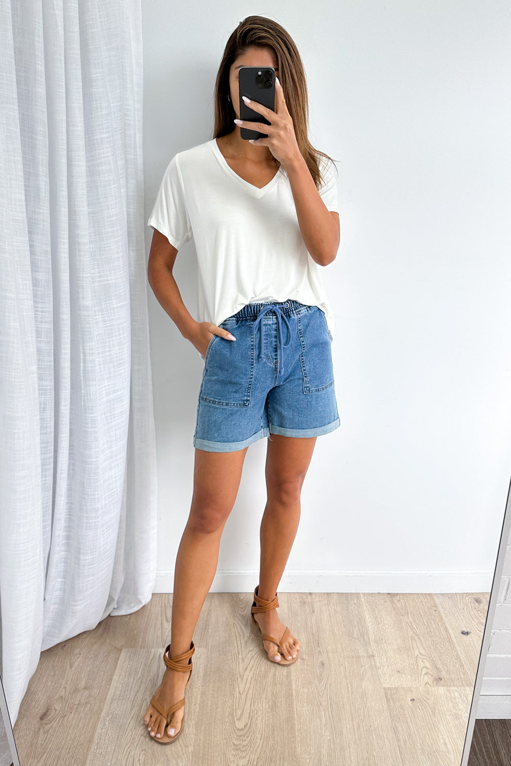 Roll Up Denim Shorts - Mid Denim