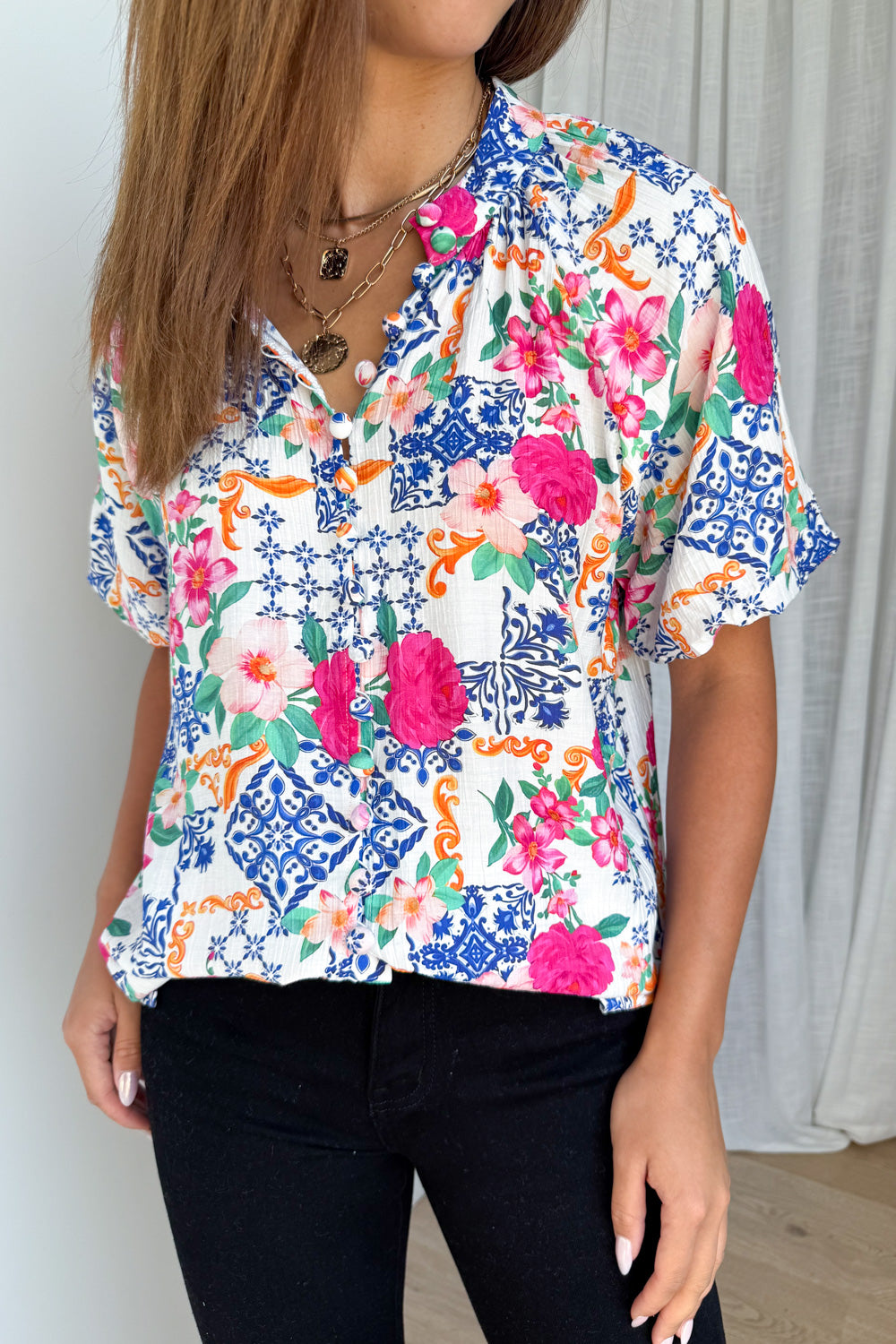 Cali Tile Blouse - Cobalt Fuchsia Tile