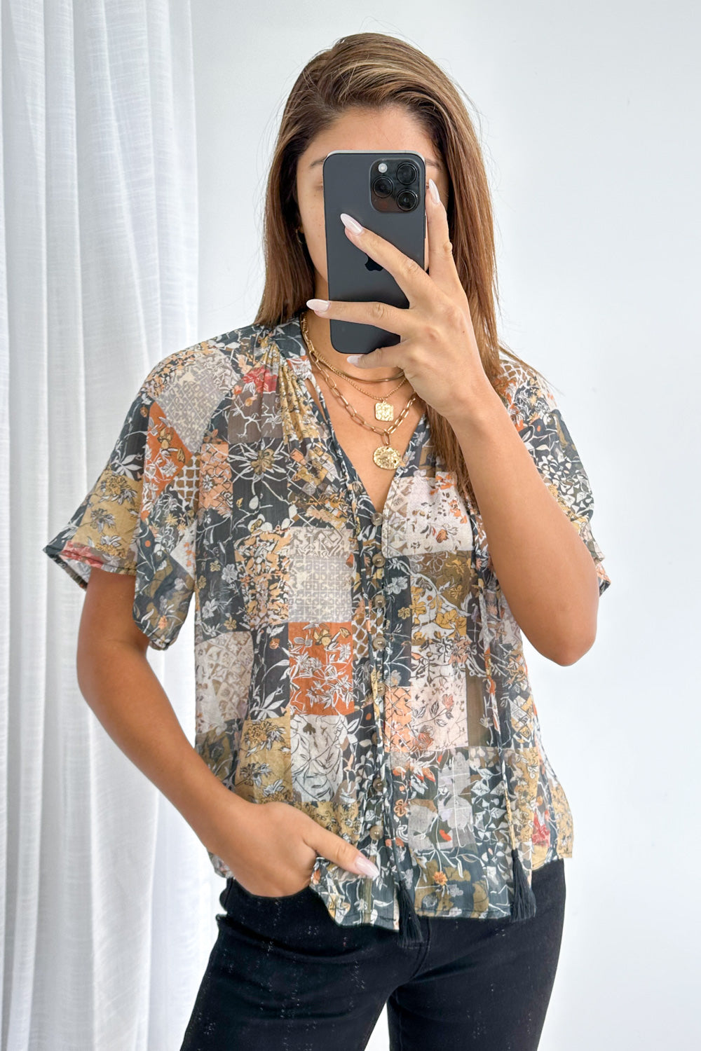 Angela Blouse- Black Multi Patchwork