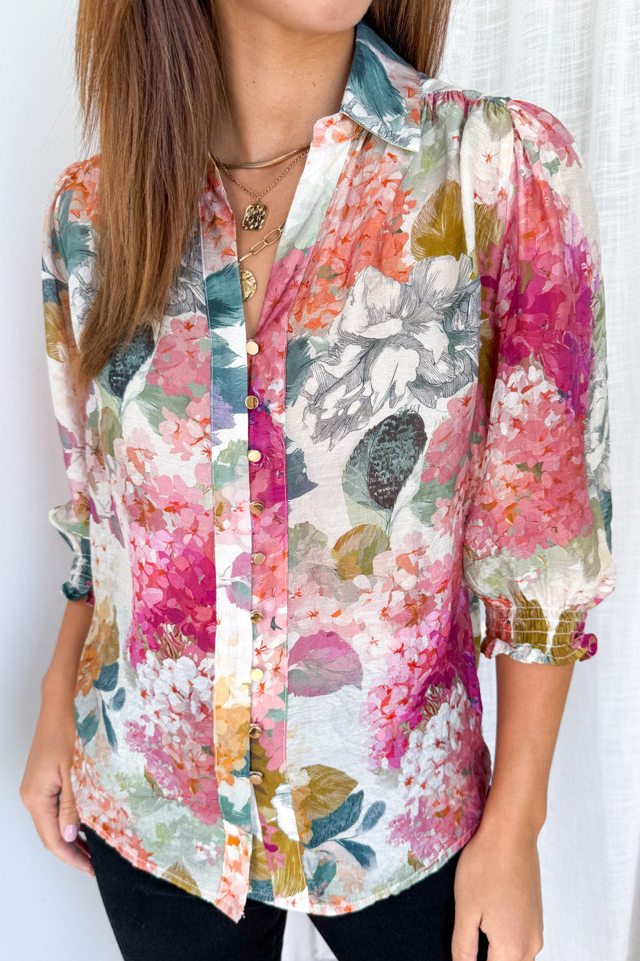 Freya Shirt - Magenta Apricot Hydrangea
