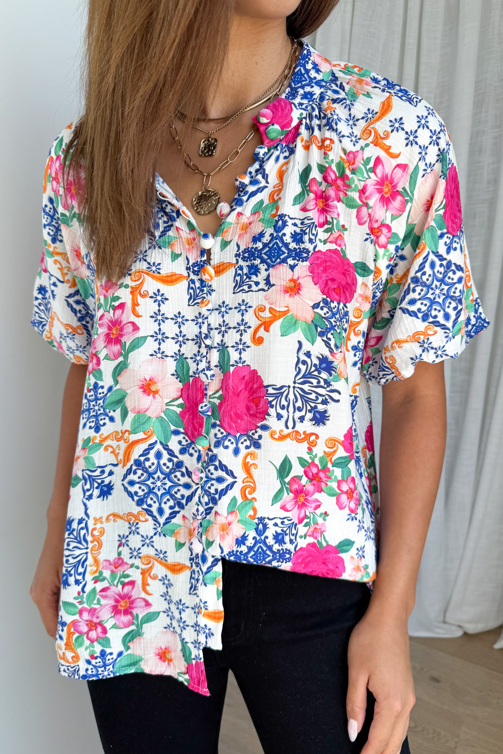 Cali Tile Blouse - Cobalt Fuchsia Tile