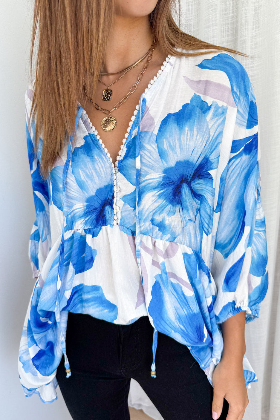 Amelia Blouse - Blue White Floral