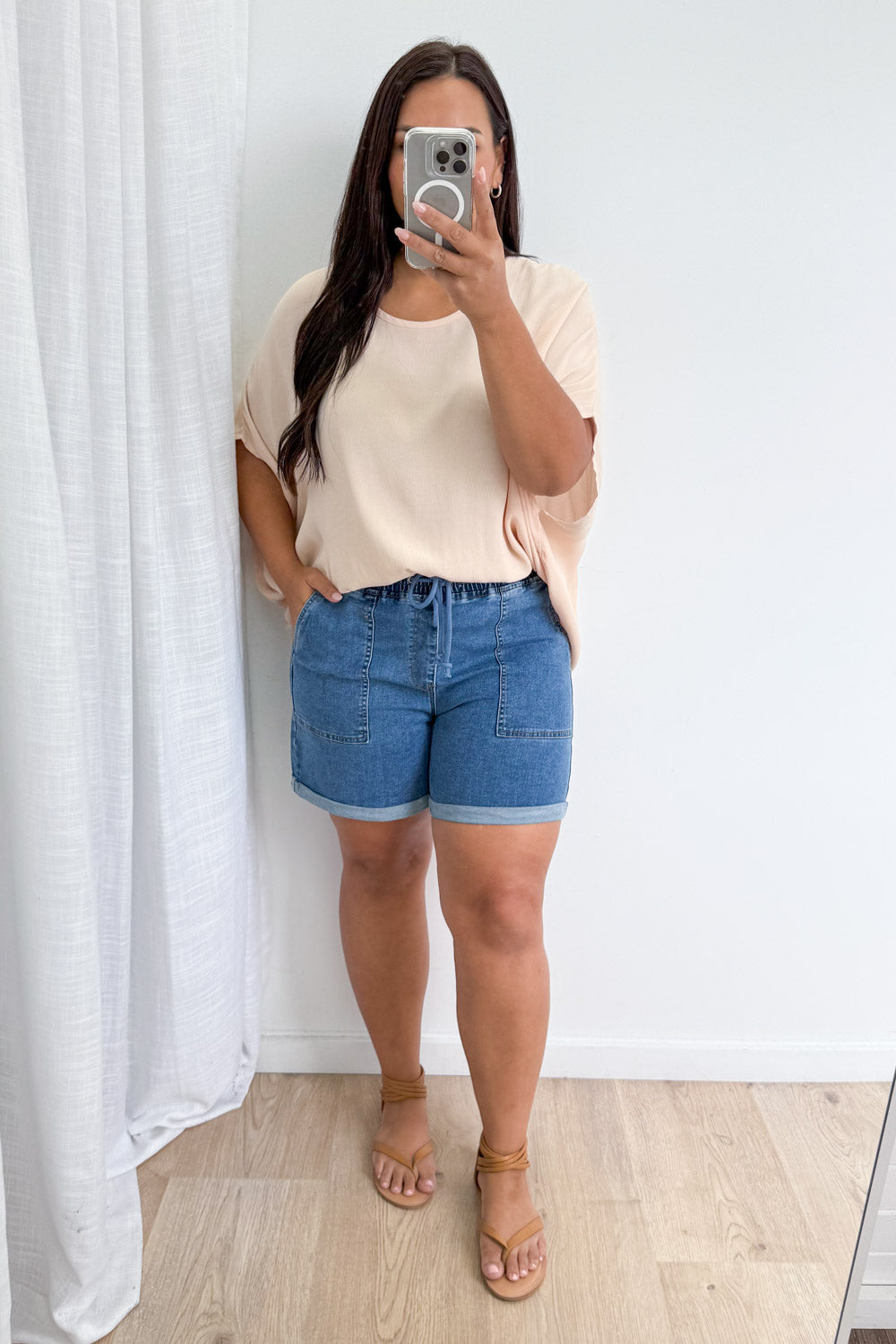 Roll Up Denim Shorts - Mid Denim